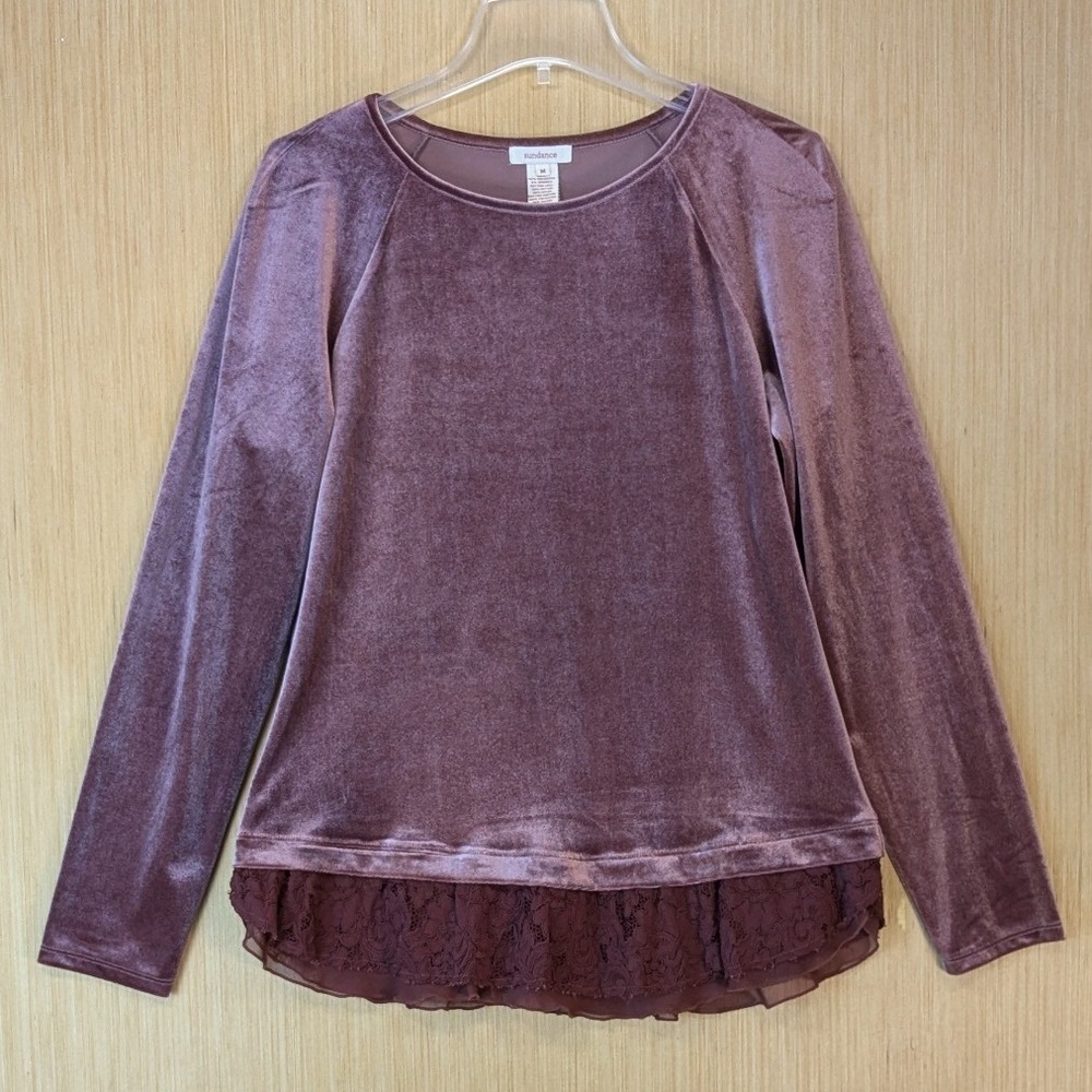 Sundanceโ Womens Velvet Lace Trim Layered Hem Top Boho Mauve Long Sleeve Medium